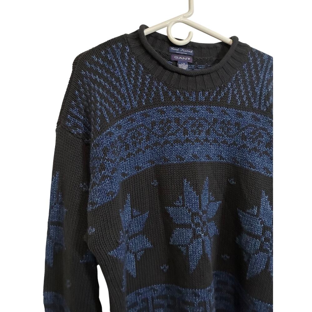 GANT Mens L Hand Framed Cotton Fair Isle Sweater Blue Black Nordic Snowflake